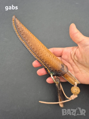 Компактен ловен нож,фултанг дамаска стомана с кожена кания, LN426, снимка 13 - Ножове - 52327576