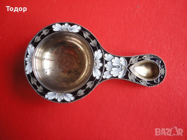 Уникална руска сребърна цедка за чай емайл позлата 916, снимка 8 - Колекции - 38740723
