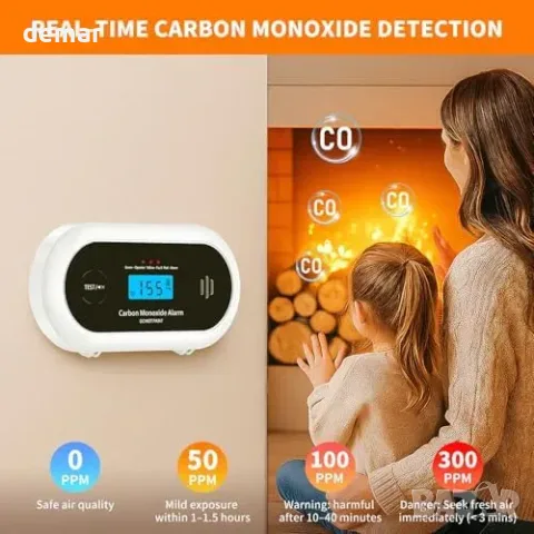 CO детектор с LCD дисплей и 10-годишна запечатана батерия, 85 dB сирена, EN 50291 / UKCA, снимка 6 - Аларми и датчици - 55827449