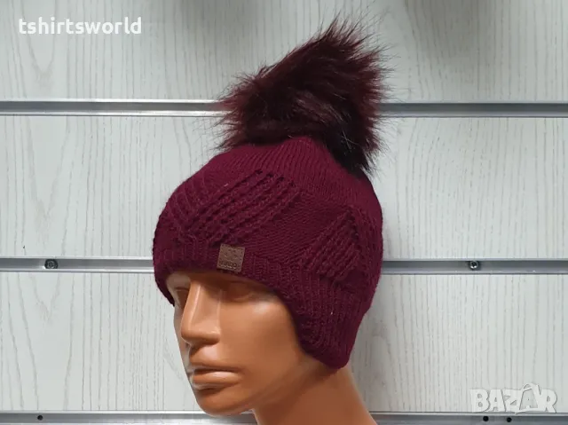 Нова детска зимна шапка тип ушанка с помпон в цвят бордо, снимка 5 - Шапки, шалове и ръкавици - 47894082