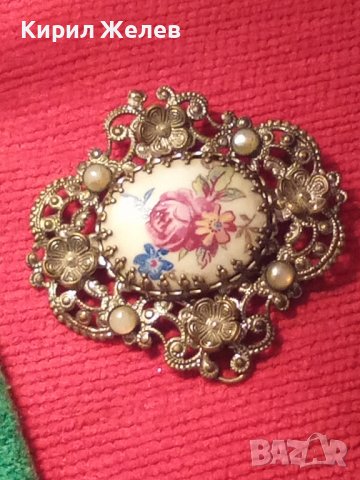 СТАРА БРОНЗОВА ПОСРЕБРЕНА АР НУВО ФЛОРАЛНА ФИЛИГРАННА РЕТРО БРОШКА с РЪЧНО РИСУВАН ПОРЦЕЛАН 29171, снимка 5 - Антикварни и старинни предмети - 37320314
