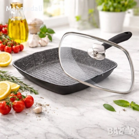 Грил тиган Cheffinger 28×28 см с капак – мраморно покритие
