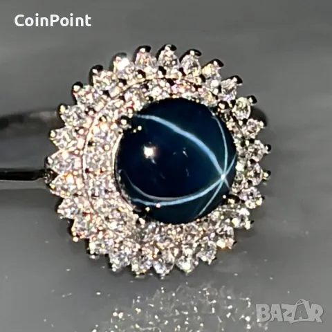 Сребърен пръстен с натурален звезден Сапфир , снимка 1