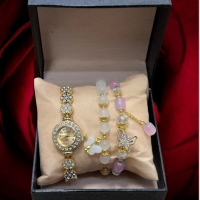 Елегантен дамски комплект - часовник с камъни цирконии и 2 броя гривни с естествени камъни, снимка 5 - Бижутерийни комплекти - 44535607