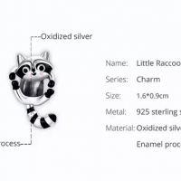 Сребърен талисман за гривна Пандора Енот, модел 049, снимка 4 - Гривни - 36235070