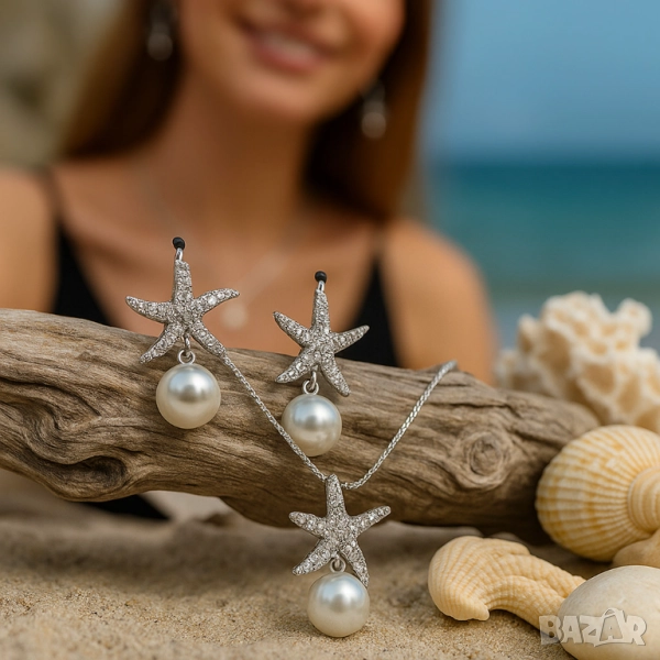 Комплект колие и обеци с морски звезди и перли/ устойчив метал, снимка 1