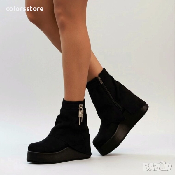 Боти на платформа - черен велур - DHG55 , снимка 1