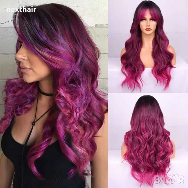 Омбре перука розово червена циклама с черни корени и бретон, снимка 1