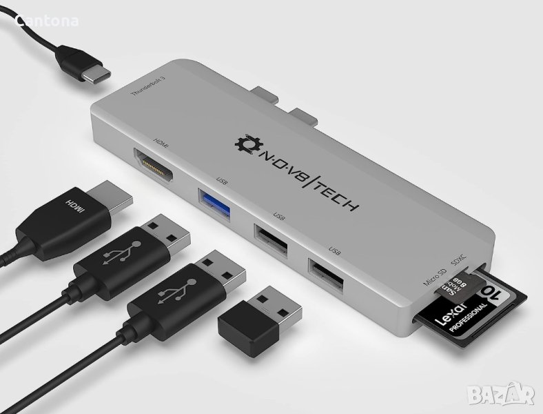 NOV8Tech USB C хъб 7 в 2, HDMI, SD/Micro SD четец, Thunderbolt 3 - 100 W, 3xUSB, снимка 1