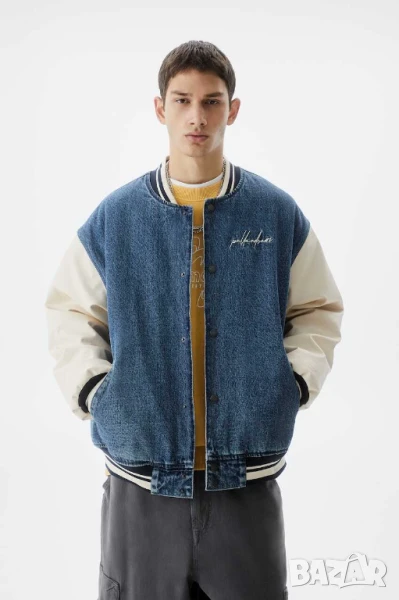 Мъжко пилотско яке от деним с ръкави от еко кожа Pull&Bear, XL, снимка 1