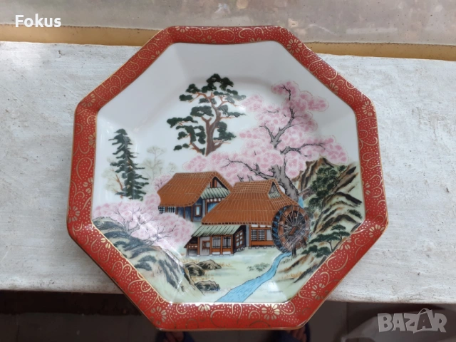 Порцелан японска ръчно рисувана чиния Kutani - маркировка, снимка 2 - Антикварни и старинни предмети - 53417723