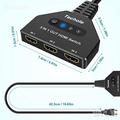 Techole 3-портов 4К HDMI сплитер, 3xHDMI(f)- HDMI(m), 3 входа-1изход, , снимка 2 - Кабели и адаптери - 36063171