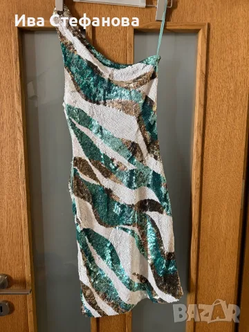  Elisabetta Franchi One-Shoulder Sequin къса парти официална коктейлна рокля пайети аквамарин , снимка 8 - Рокли - 46868543