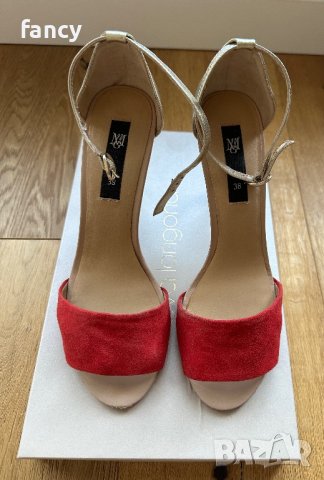 Mango сандали на висок ток в червено и златисто, снимка 2 - Дамски обувки на ток - 42568395