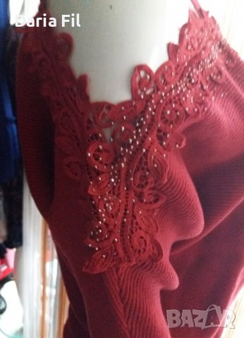 КРАСИВА червена блуза фино плетиво с отворени рамене и дантела с камъчета по тях, снимка 3 - Блузи с дълъг ръкав и пуловери - 38808800