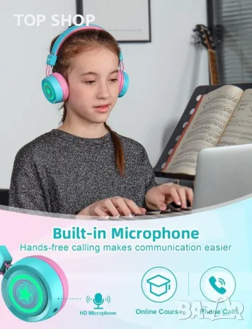 Детски Bluetooth слушалки RIYO с цветни LED светлини, ментово зелено, снимка 3 - Bluetooth слушалки - 49551815