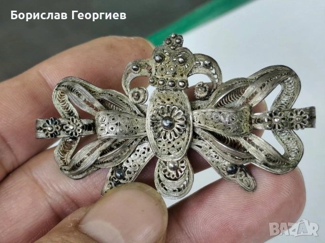 Възрожденска сребърна брошка филигран 0.800, снимка 2 - Колиета, медальони, синджири - 52494584