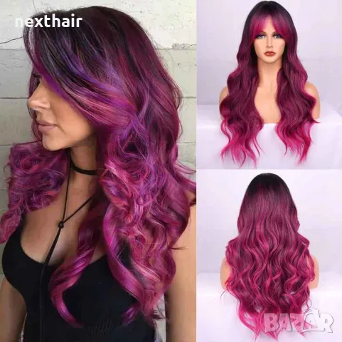Омбре перука розово червена циклама с черни корени и бретон
