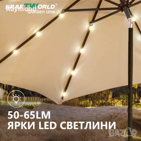 Висящ градински чадър Monaco 3м KraftWorld | Соларено LED осветление | Бежов Лукс | 220g/m², снимка 9 - Градински мебели, декорация  - 51053169
