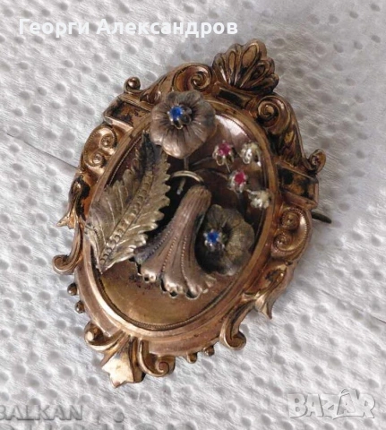 19 ВЕК Старинна Късновикторианска Медна Скъпоценна Дебело Позлатена Ар НУВО Флорална БРОШКА ПЕНДАНТ, снимка 2 - Антикварни и старинни предмети - 53353567