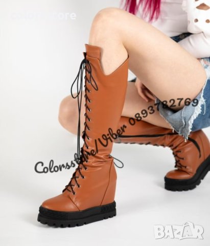 Ботуши на платформа - кафява кожа с черно ходило - BPL200, снимка 2 - Дамски ботуши - 44281373