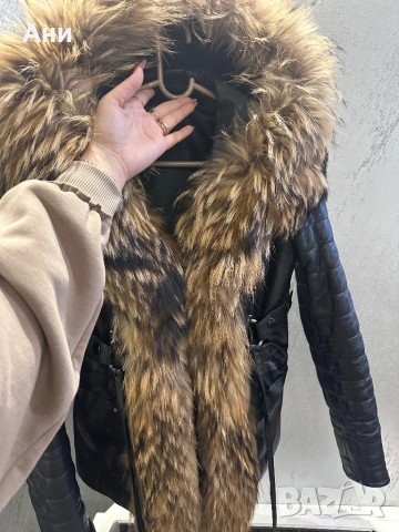 кожено яке от агнешка кожа с естествен косъм от ракун S/M, снимка 2 - Якета - 53474330