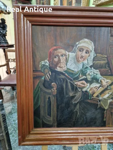 Прекрасна голяма антикварна авторска белгийска картина масло върху платно , снимка 7 - Картини - 48772614