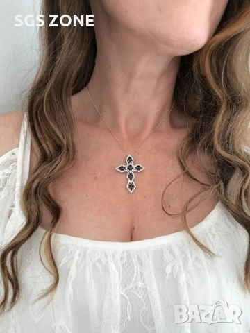 сребърен кръст с естествен син сапфир, снимка 2 - Колиета, медальони, синджири - 52392866
