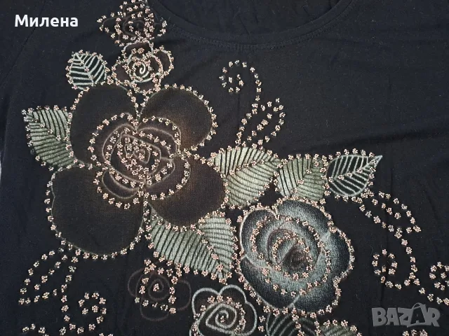 Черна тениска с цветя, снимка 4 - Тениски - 56113627