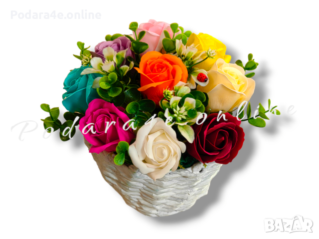Букет от ароматни сапунени рози в ръчно изработена бяла кашпа Подходящ подарък за всеки повод , снимка 7 - Романтични подаръци - 44702236