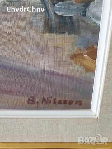 Nilsson 54х46см/шведска стара картина масло върху платно/градски пейзаж/жени-монахини/дървена рамка, снимка 7 - Картини - 51535073