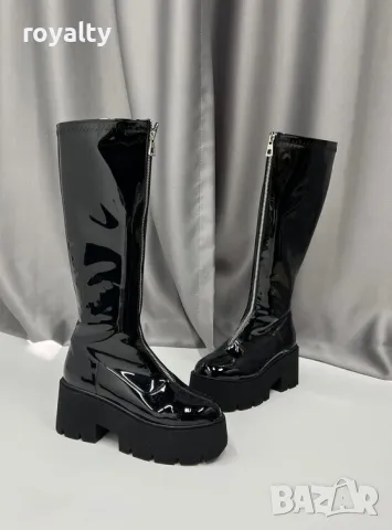 Ботуши на платформа - черен лак, снимка 2 - Дамски ботуши - 49924203