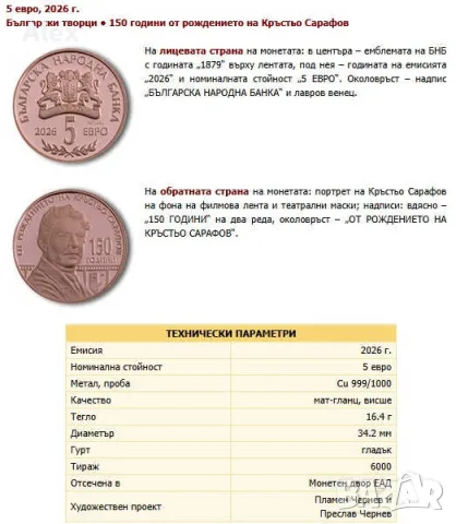 Възпоменателна Колекционерска Монета 150 години от рождението на Кръстьо Сарафов медни 