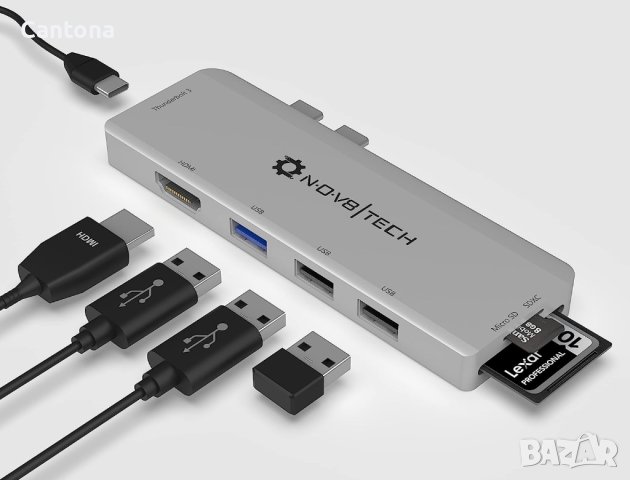 NOV8Tech USB C хъб 7 в 2, HDMI, SD/Micro SD четец, Thunderbolt 3 - 100 W, 3xUSB