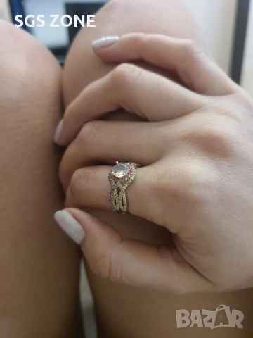 СРЕБЪРЕН ДВОЕН ПРЪСТЕН С ЦЕНТРАЛЕН ОПАЛ И САПФИР, снимка 2 - Пръстени - 52397582