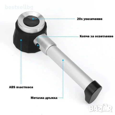 Мощна ръчна увеличителна лупа микроскоп 20X увеличение LED осветление със скала печетарска бижута, снимка 5 - Други инструменти - 50874847