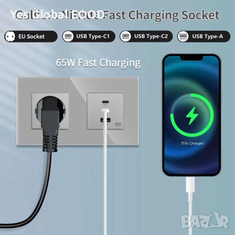 JIMEIDA стъклен контакт с USB-C 65W бързо зареждане – сив, снимка 5 - Друга електроника - 53232014