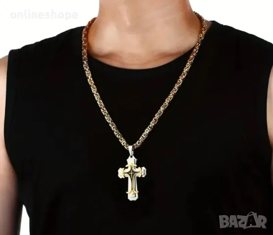 Мъжки синджир с кръст - 18к златно покритие - Неръждаема стомана , снимка 2 - Колиета, медальони, синджири - 49007066