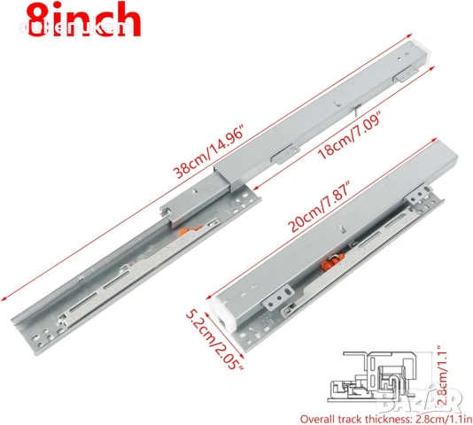 Комплект Долни водачи за чекмеджета с пълно изтегляне и плавно затваряне – 20 см, снимка 2 - Шкафове - 53189261
