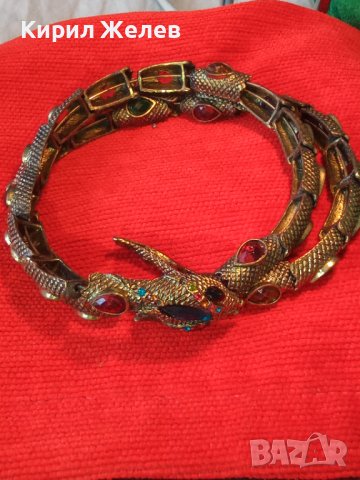ЗМИЕВИДНО БРОНЗОВО КОЛИЕ с ФАСЕТИРАНИ ЦВЕТНИ КРИСТАЛИ КАМЪНИ НЕО-ГОТИК ВИНТИДЖ БИЖУ ОГЪРЛИЦА 27110