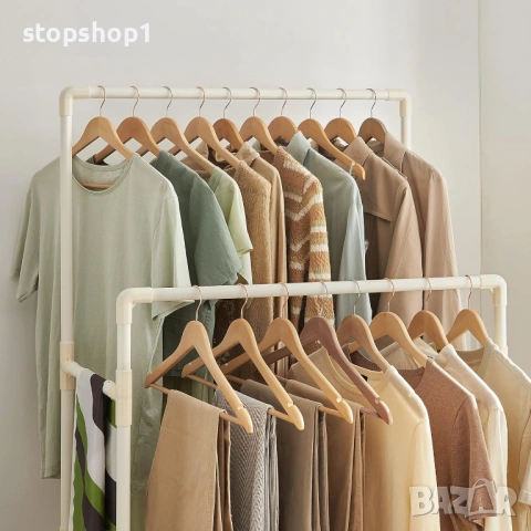 SONGMICS Закачалка за дрехи, метална стойка с 2 релси за окачване и рафт за съхранение, максимално н, снимка 7 - Гардероби - 53860299