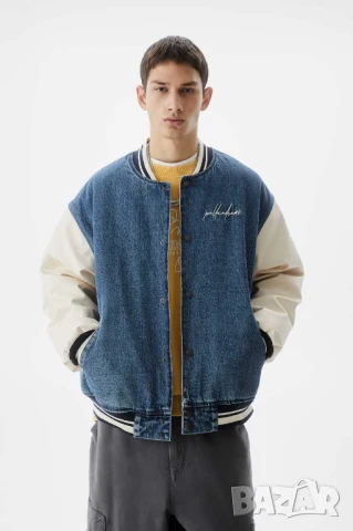 Мъжко пилотско яке от деним с ръкави от еко кожа Pull&Bear, XL