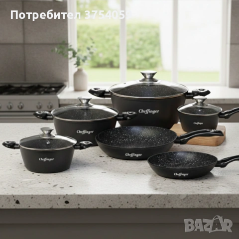 Комплект съдове за готвене Cheffinger от 10 части – тенджери и тигани с мраморно покритие за всички , снимка 3 - Съдове за готвене - 53151848
