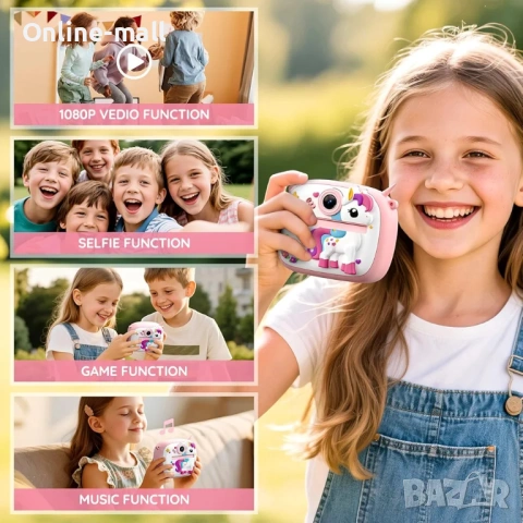 Детска камера с моментален печат – Еднорог / Динозавър, Instant Print Camera с 1080P видео и 32GB ка, снимка 10 - Фотоапарати - 53244120