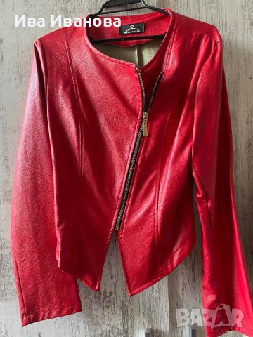 Червено кожено дамско яке, снимка 2 - Якета - 39370033