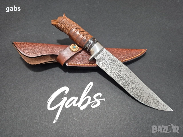 Японски ловен нож MYATO WOOLF DAMASK с кожена кания,LN429