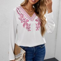 Дамска блуза в бяло с дълъг ръкав и етно мотиви, снимка 1 - Блузи с дълъг ръкав и пуловери - 40534590