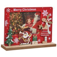 Коледна дървена рамка, Дядо Коледа и подаръци Merry Christmas, 19см, снимка 1 - Декорация за дома - 42703303