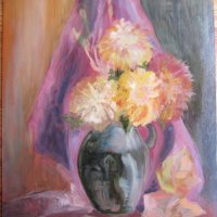 Картина -масло, фазер, ваза с хризантеми,51х36см., снимка 4 - Картини - 39466326