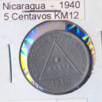 Никарагуа 5 сентавос де кордоба 1940 година, снимка 2 - Нумизматика и бонистика - 44744241